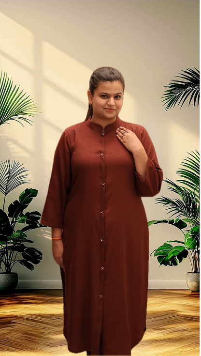 Soft Linen Brown Kurta Set With Cotton Jacket