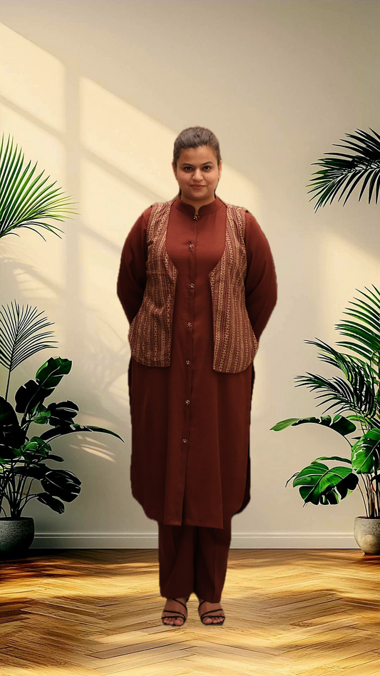 Soft Linen Brown Kurta Set With Cotton Jacket