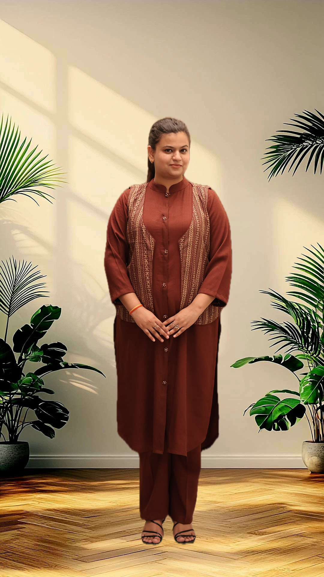 Soft Linen Brown Kurta Set With Cotton Jacket