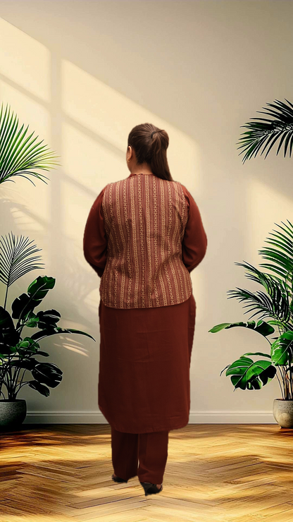 Soft Linen Brown Kurta Set With Cotton Jacket