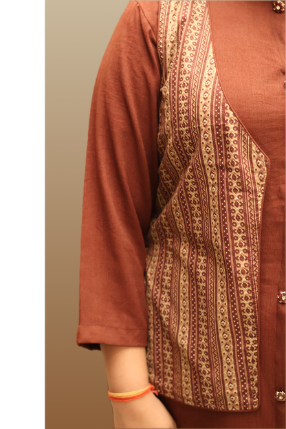 Soft Linen Brown Kurta Set With Cotton Jacket