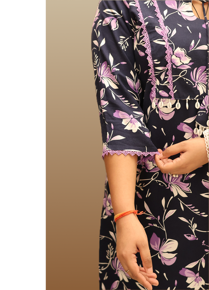 Soft Ryon Printed Flared Blue Kurta Set With Dupatta