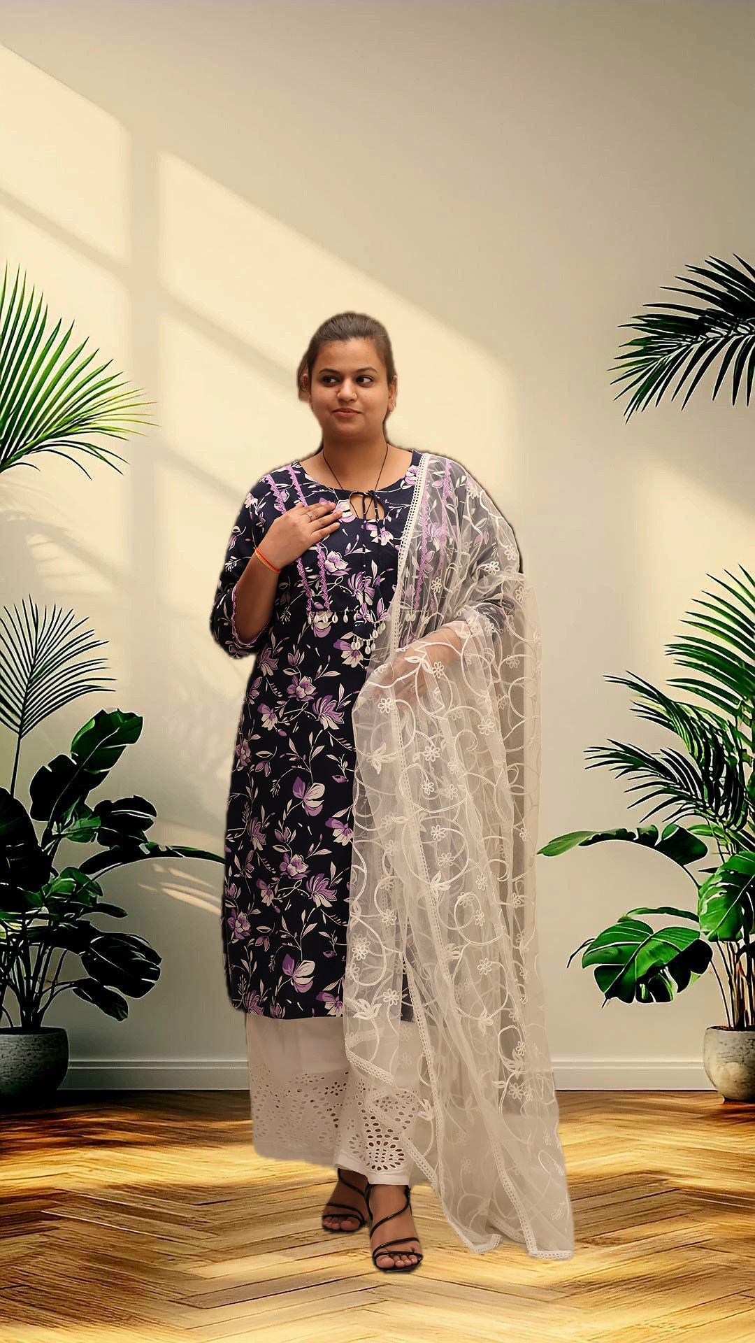 Soft Ryon Printed Flared Blue Kurta Set With Dupatta