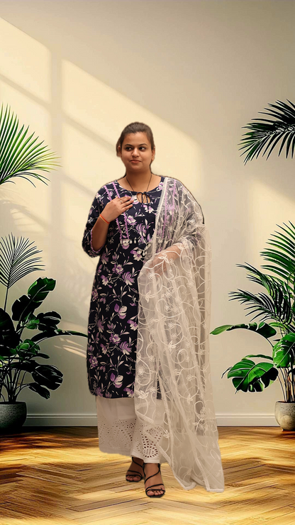 Soft Ryon Printed Flared Blue Kurta Set With Dupatta