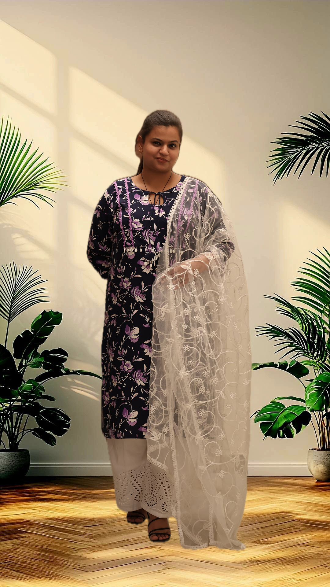 Soft Ryon Printed Flared Blue Kurta Set With Dupatta