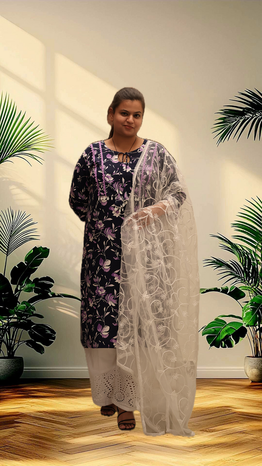 Soft Ryon Printed Flared Blue Kurta Set With Dupatta