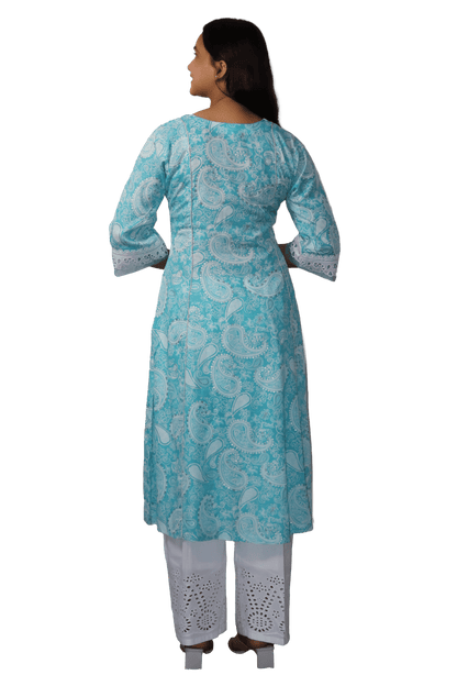 Soft Ryon Printed & Flared Blue Kurta Set