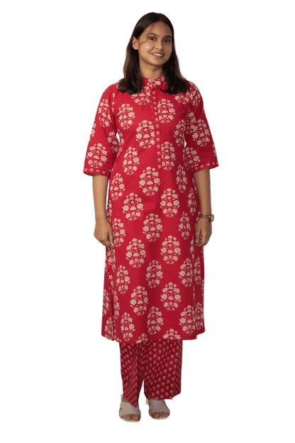 Soft Cotton Printed Red Straight Kurta Set