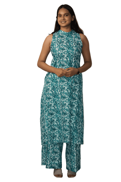 Soft Cotton Printed Jade Flaired Kurta and Palazzo