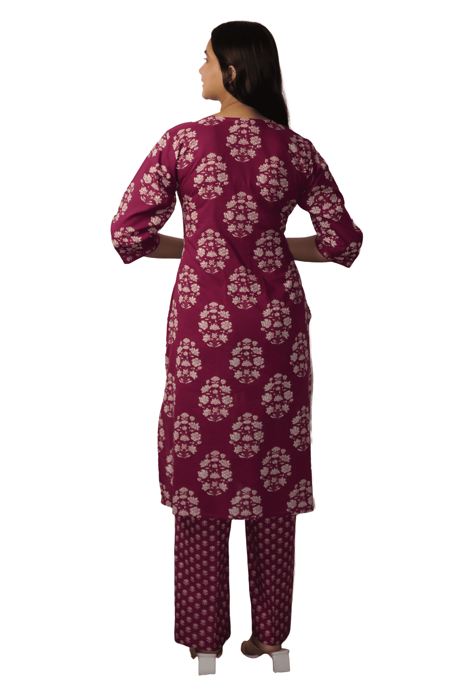 Soft Cotton Printed Maroon Straight Kurta Set