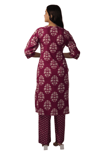 Soft Cotton Printed Maroon Straight Kurta Set
