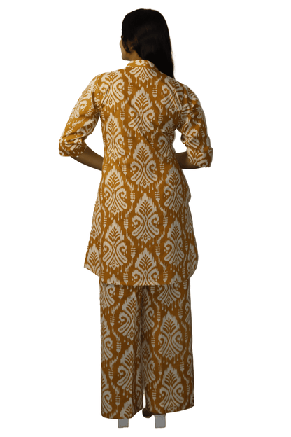 Soft Cotton Printed Mustard Flaired Kurta Set