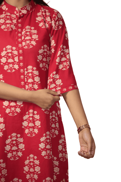 Soft Cotton Printed Red Straight Kurta Set