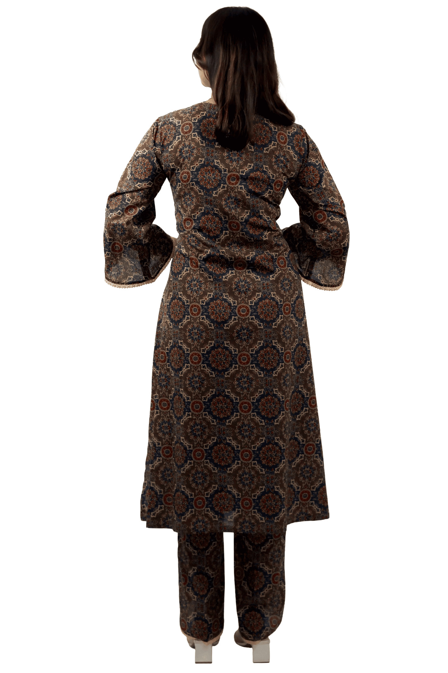 Soft Cotton Ajrakh Print Brown Straight Kurta Set
