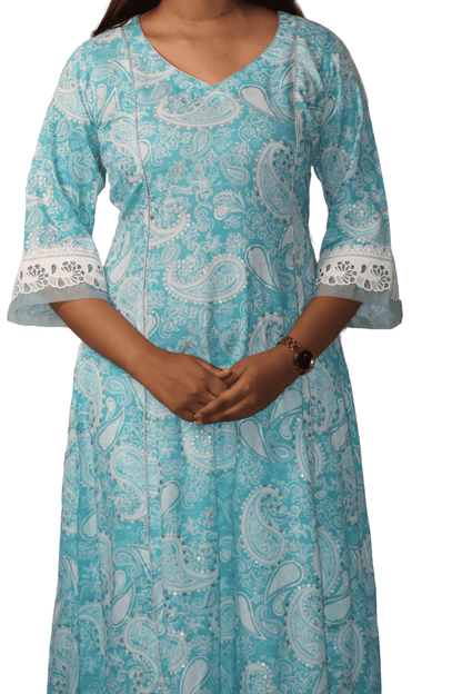Soft Ryon Printed & Flared Blue Kurta Set