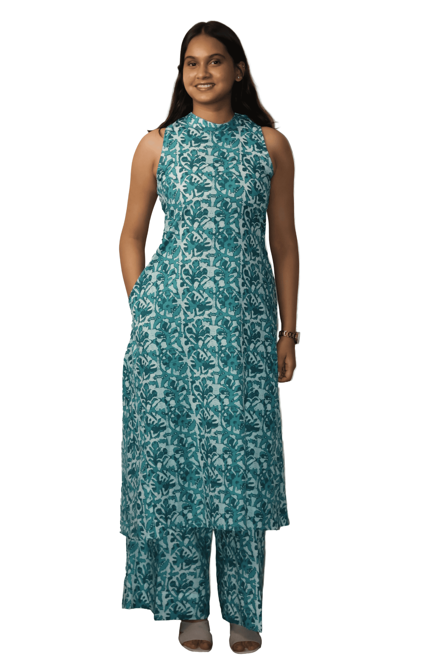 Soft Cotton Printed Jade Flaired Kurta and Palazzo