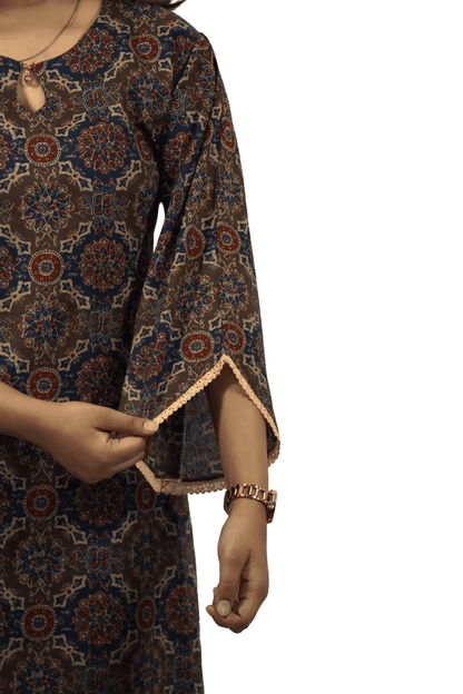 Soft Cotton Ajrakh Print Brown Straight Kurta Set