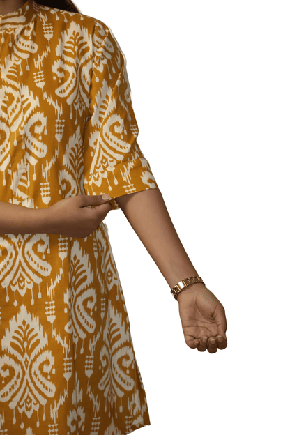 Soft Cotton Printed Mustard Flaired Kurta Set