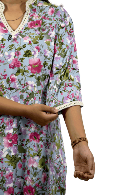 Soft Cotton Printed Sky Blue Flaired Kurta Set