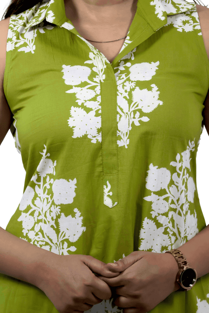 Soft Cotton Printed Green Flaired Kurta Set