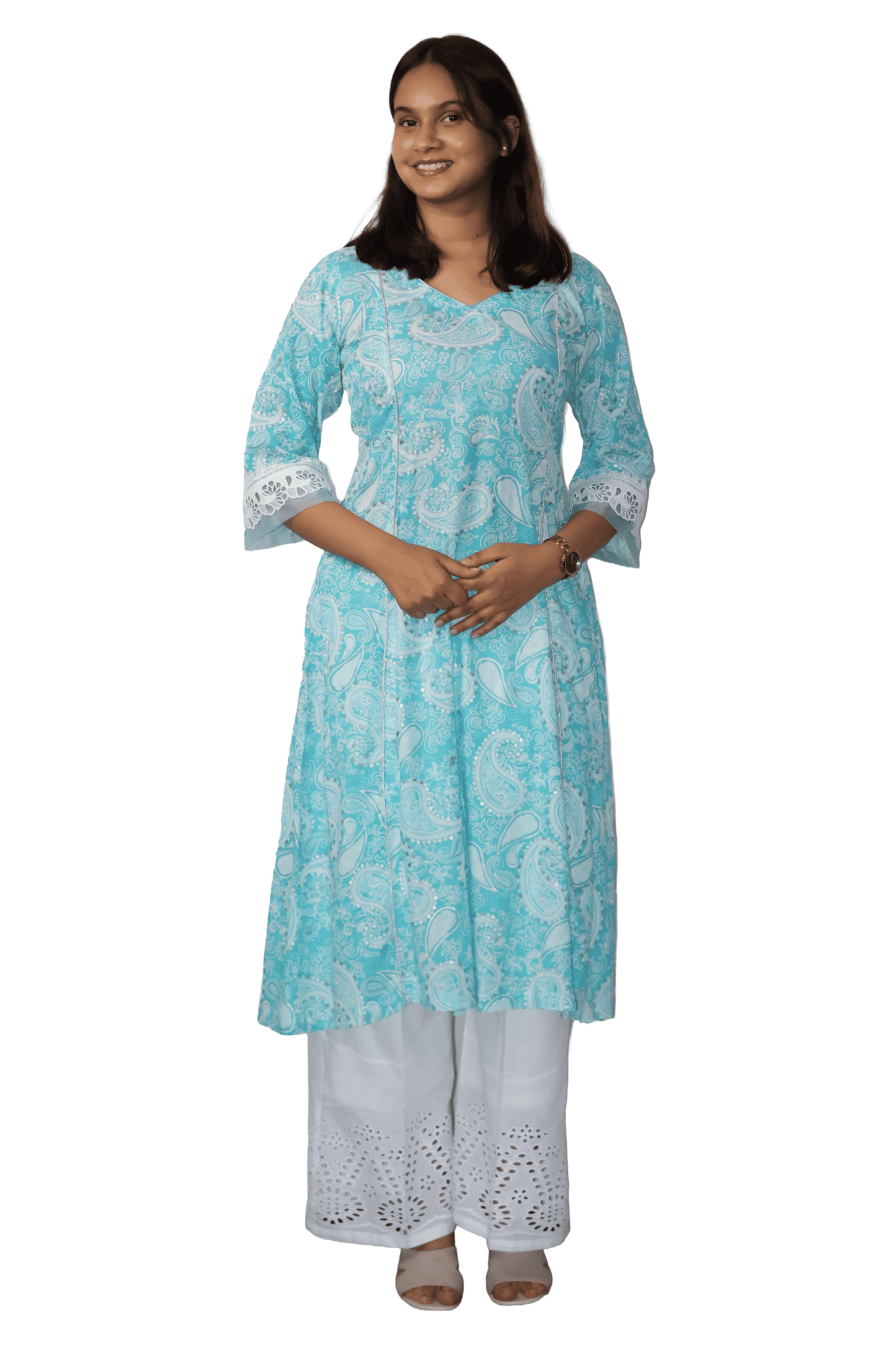 Soft Ryon Printed & Flared Blue Kurta Set