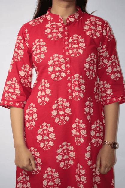Soft Cotton Printed Red Straight Kurta Set