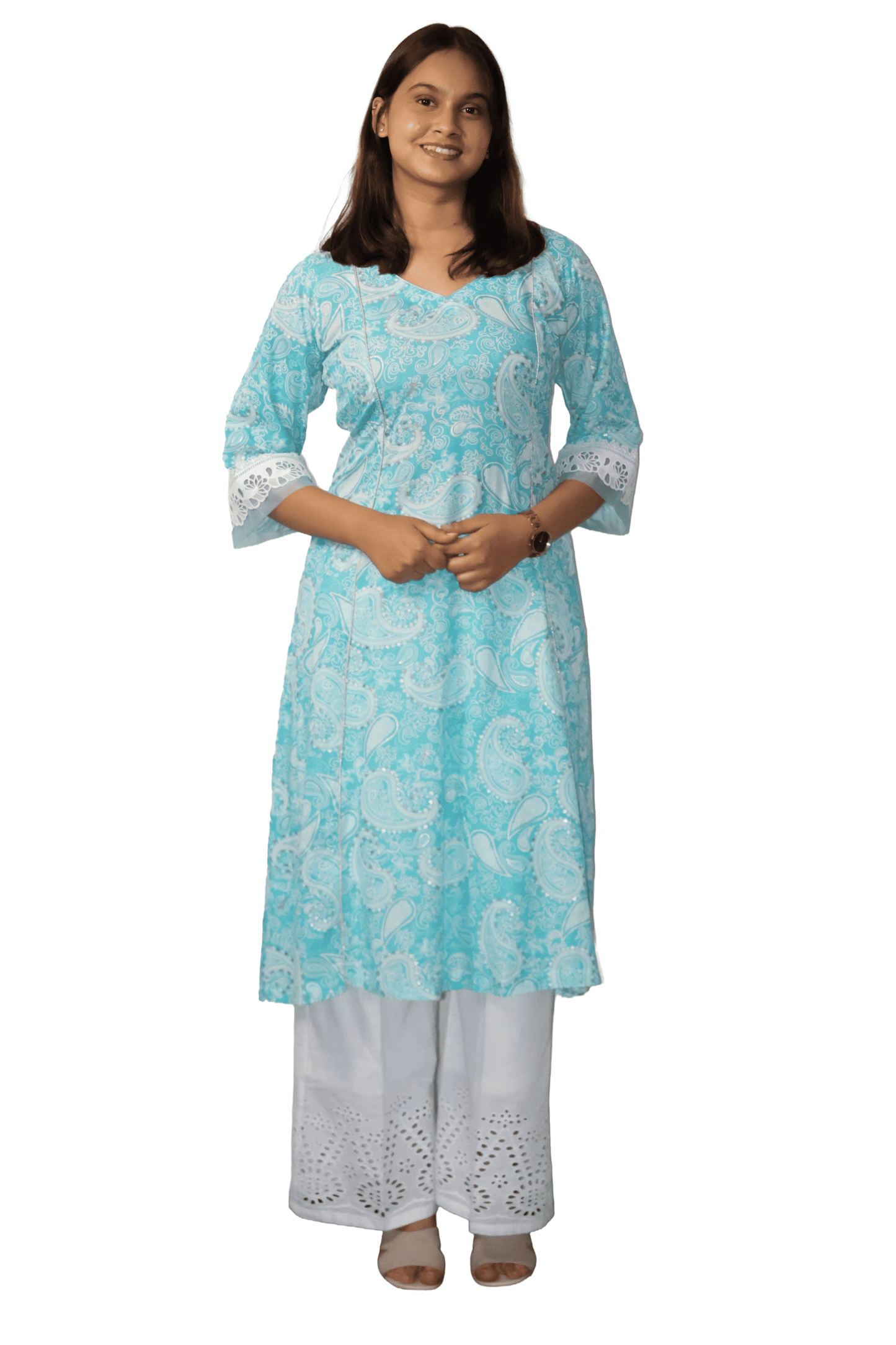 Soft Ryon Printed & Flared Blue Kurta Set