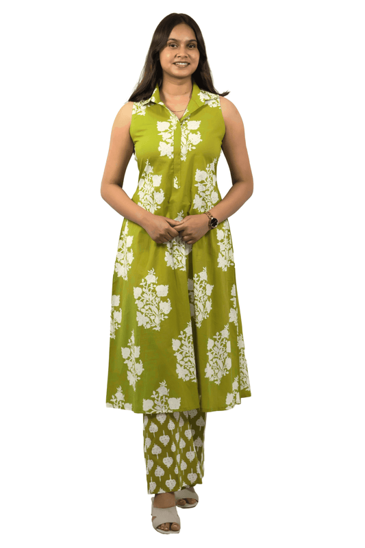 Soft Cotton Printed Green Flaired Kurta Set