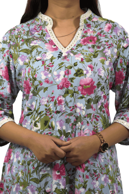 Soft Cotton Printed Sky Blue Flaired Kurta Set