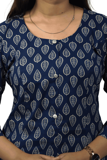Soft Cotton Printed Navy Blue Flaired Kurta Set