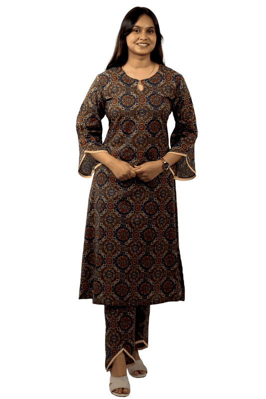 Soft Cotton Ajrakh Print Brown Straight Kurta Set