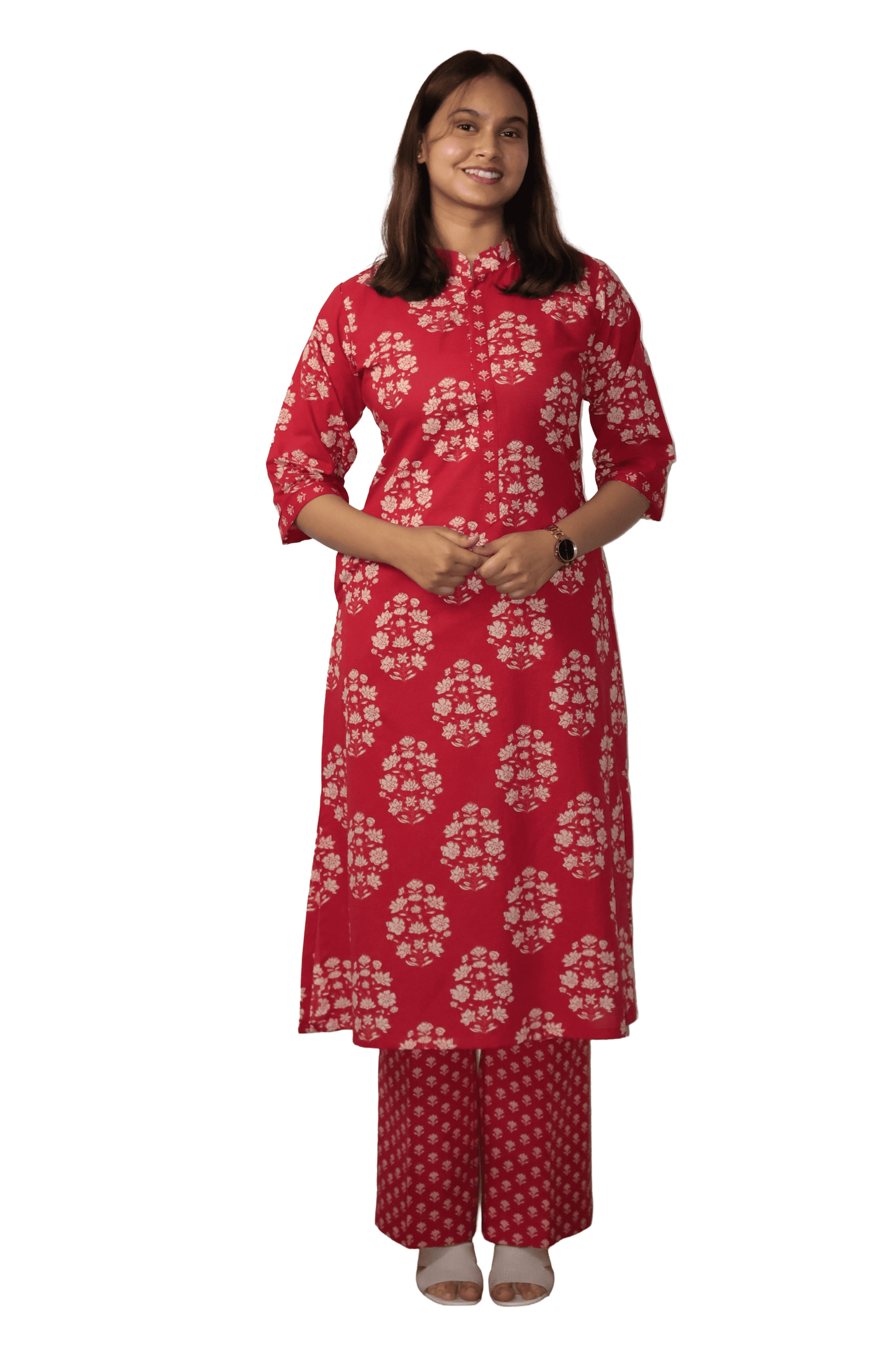 Soft Cotton Printed Red Straight Kurta Set