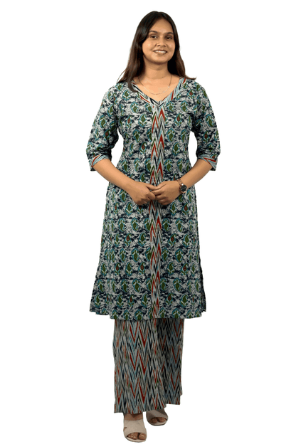 Soft Cotton Printed Green Straight Kurta Set