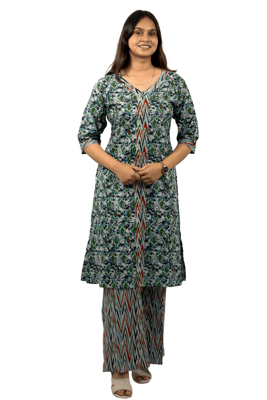 Soft Cotton Printed Green Straight Kurta Set