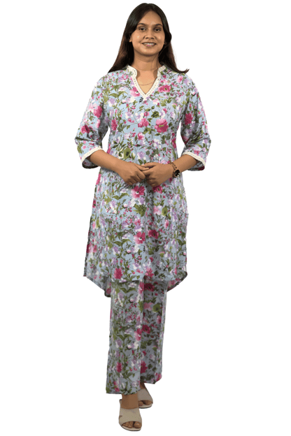 Soft Cotton Printed Sky Blue Flaired Kurta Set