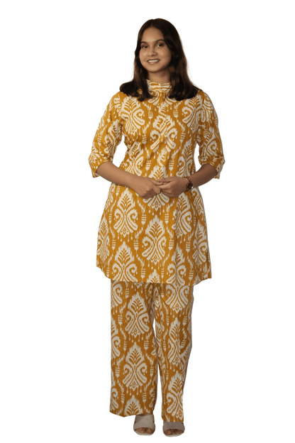 Soft Cotton Printed Mustard Flaired Kurta Set