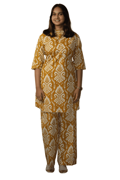 Soft Cotton Printed Mustard Flaired Kurta Set