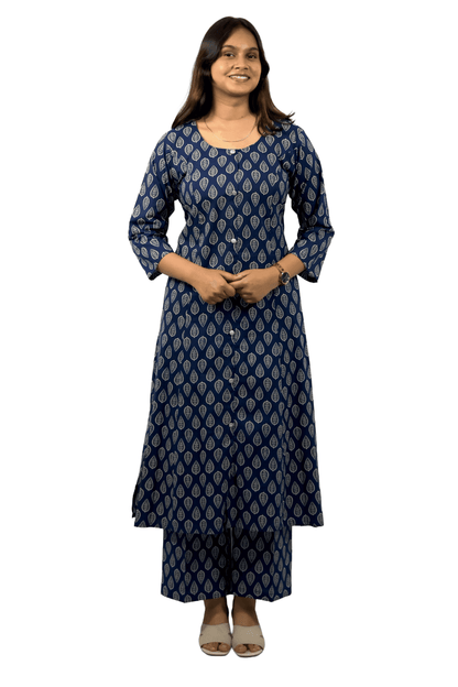 Soft Cotton Printed Navy Blue Flaired Kurta Set