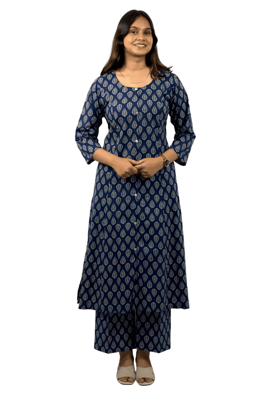Soft Cotton Printed Navy Blue Flaired Kurta Set