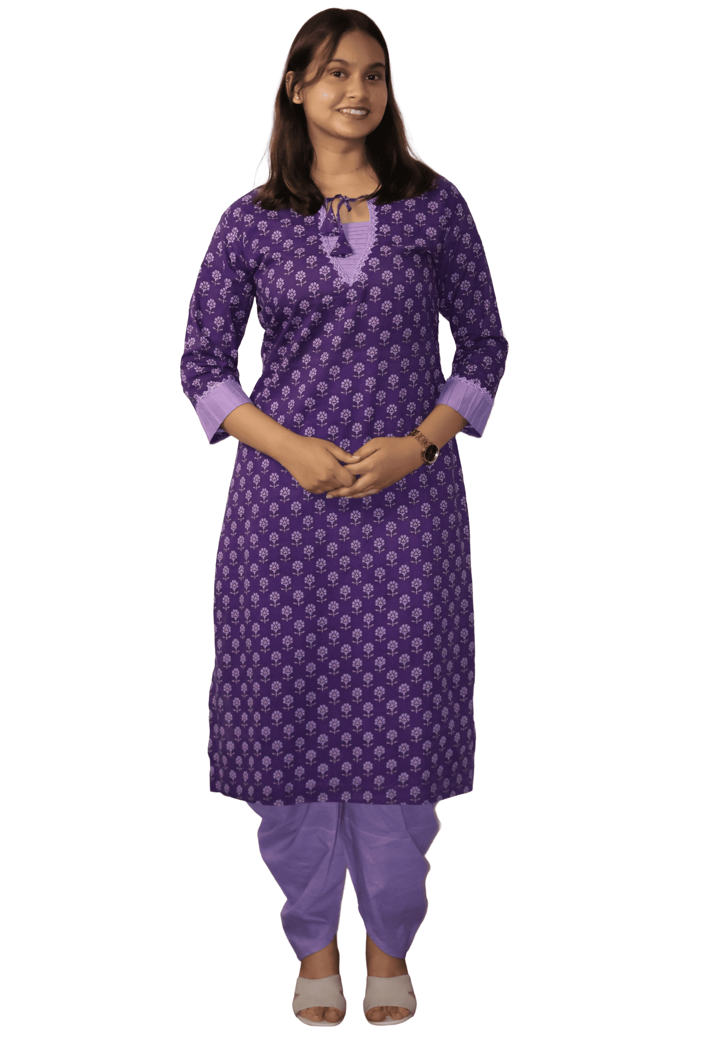 Soft Cotton Printed Purple Straight Kurta With Plain Dhoti Salwar