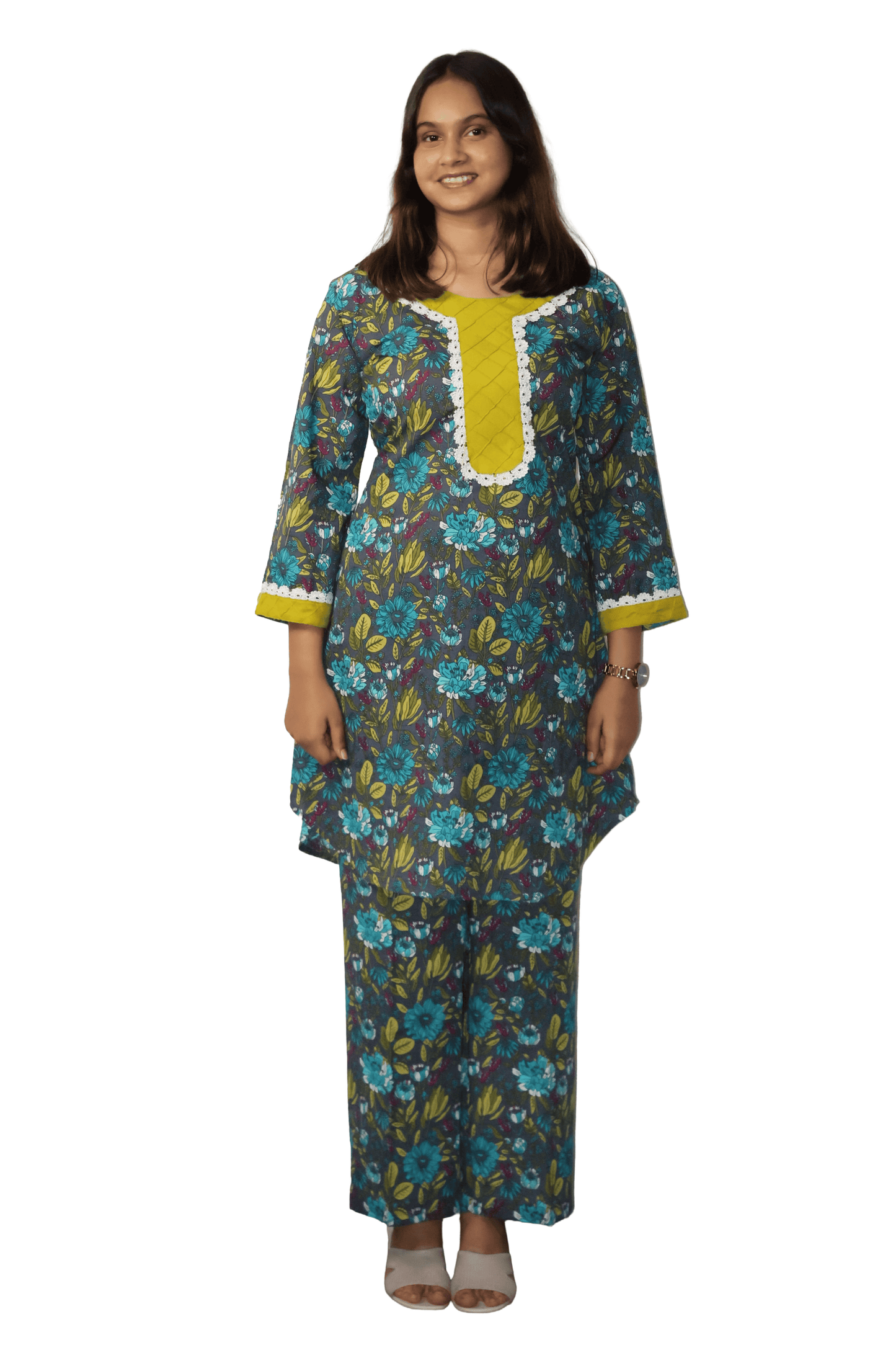 Soft Cotton Printed Grey Straight Kurta Set