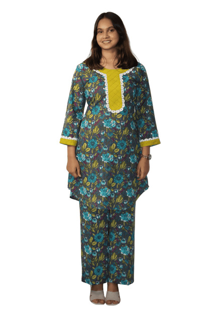 Soft Cotton Printed Grey Straight Kurta Set