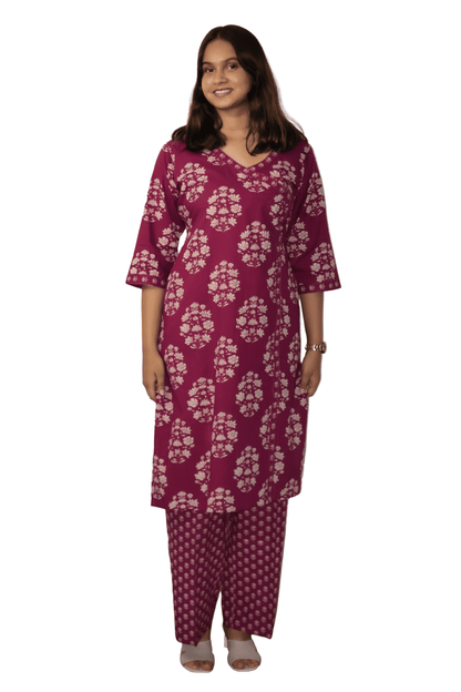 Soft Cotton Printed Maroon Straight Kurta Set