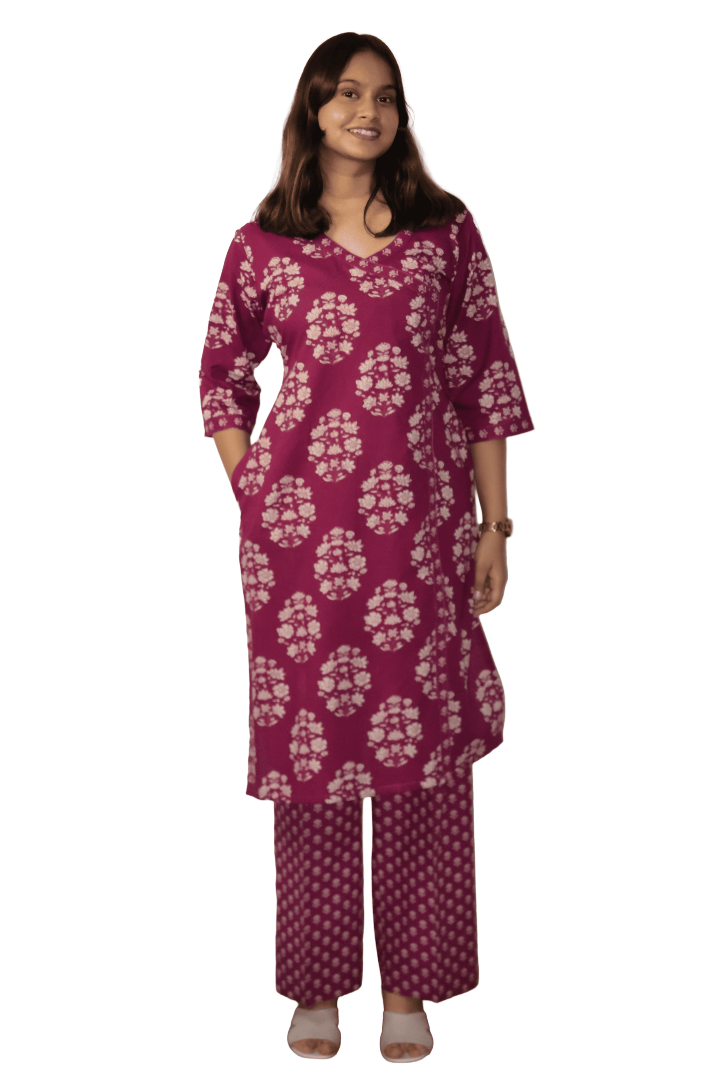 Soft Cotton Printed Maroon Straight Kurta Set