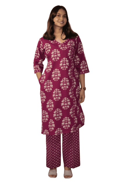 Soft Cotton Printed Maroon Straight Kurta Set