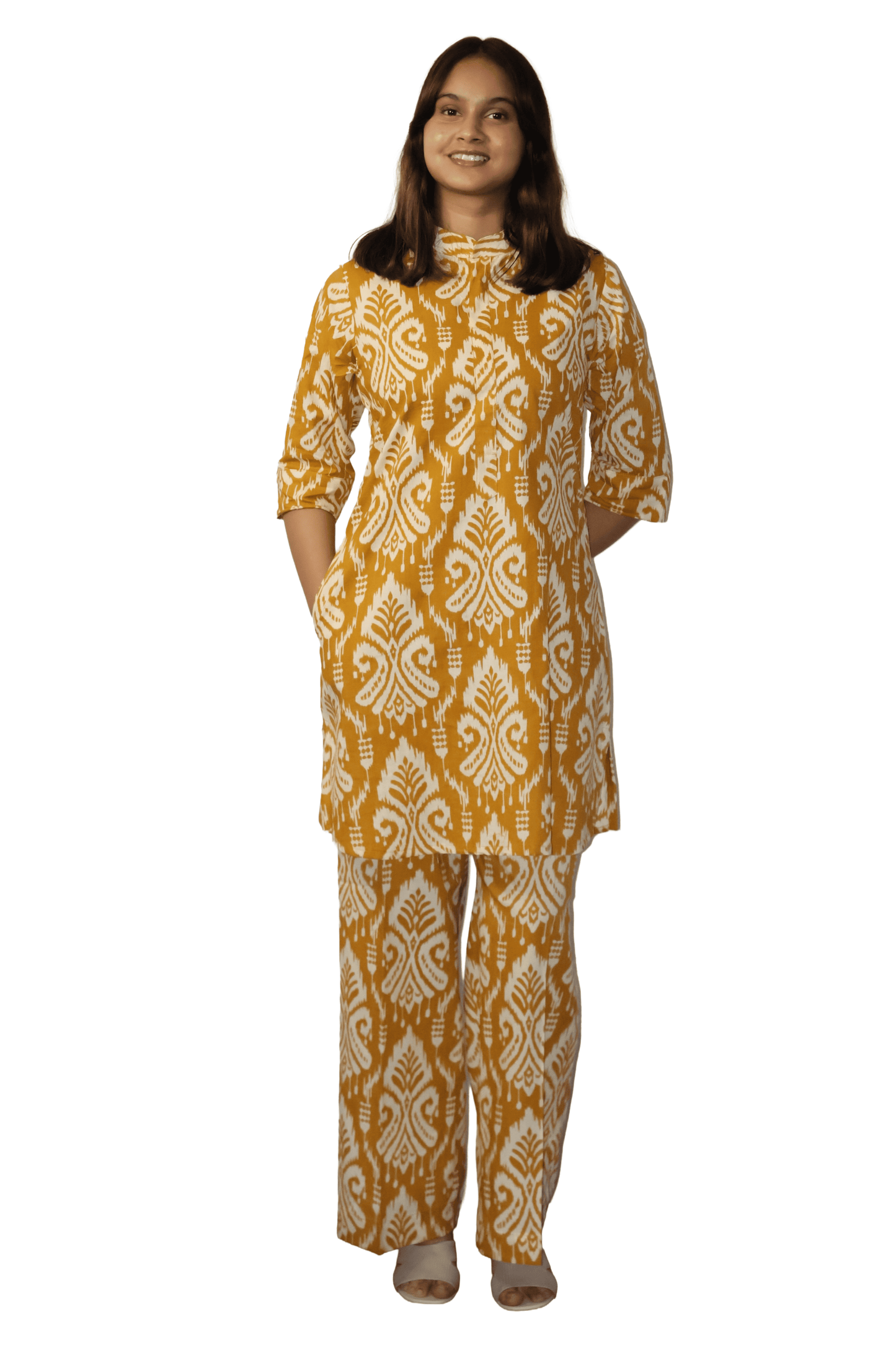 Soft Cotton Printed Mustard Flaired Kurta Set
