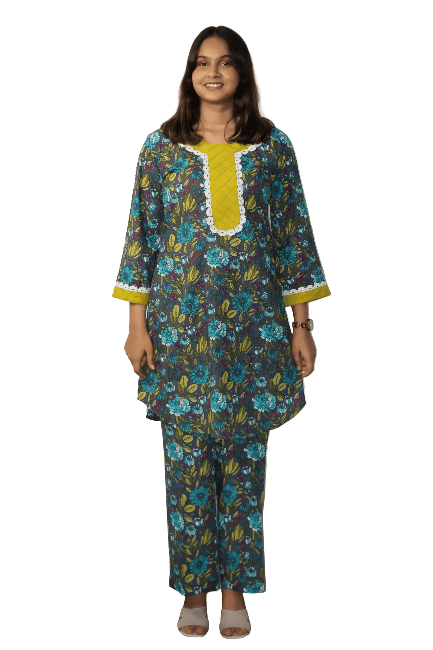 Soft Cotton Printed Grey Straight Kurta Set