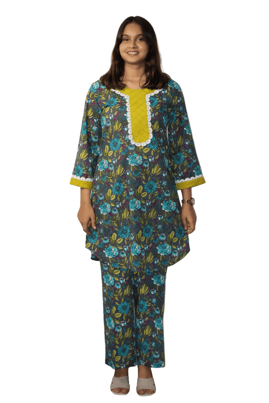 Soft Cotton Printed Grey Straight Kurta Set